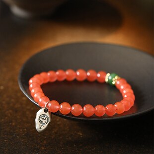 凉山樱桃红南红玛瑙6mm单圈手串DIY女款搭配和田玉碧玉手链老银福