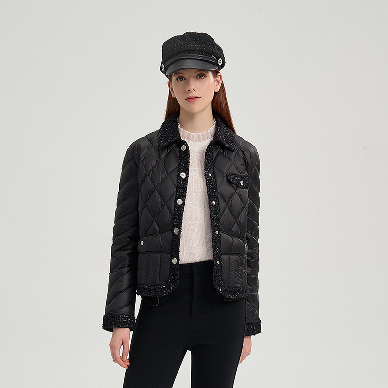 RARE威雅女装2025冬季新款香羽绒菱形格纹翻领外套轻薄鹅绒羽绒服