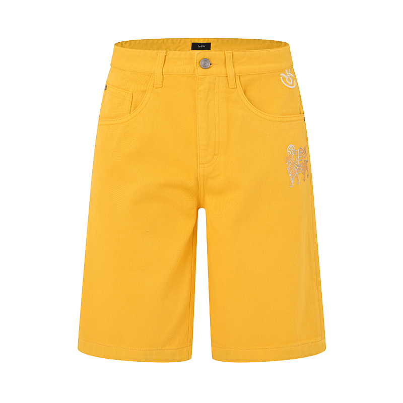 【5折特价】RARE威雅男裤夏季精细logo绣花 柠檬黄男士牛仔短裤