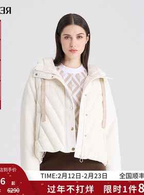 RARE威雅女装冬季新款米白羊毛拼接斜条纹羽绒服RR22461307