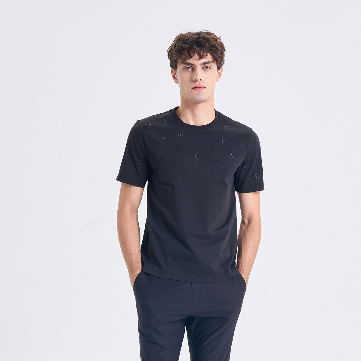 RARE威雅男装 2026夏季新款黑色圆领T恤字母刺绣烫钻男士短