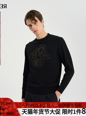 RARE威雅男装 秋冬新款男士针织衫圆领毛衣重工款黑色长袖毛衫