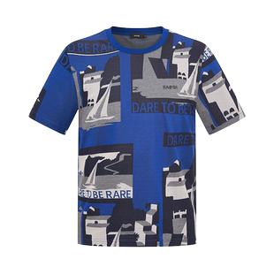 RARE威雅男装夏季新款建筑与帆船图案满版提花圆领短袖T恤男
