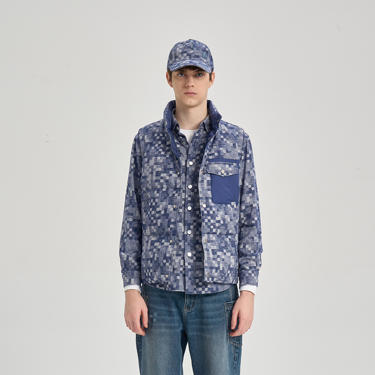 RARE威雅男装 2025冬季新款休闲马甲牛仔蓝色提花鹅绒马甲 - 封面