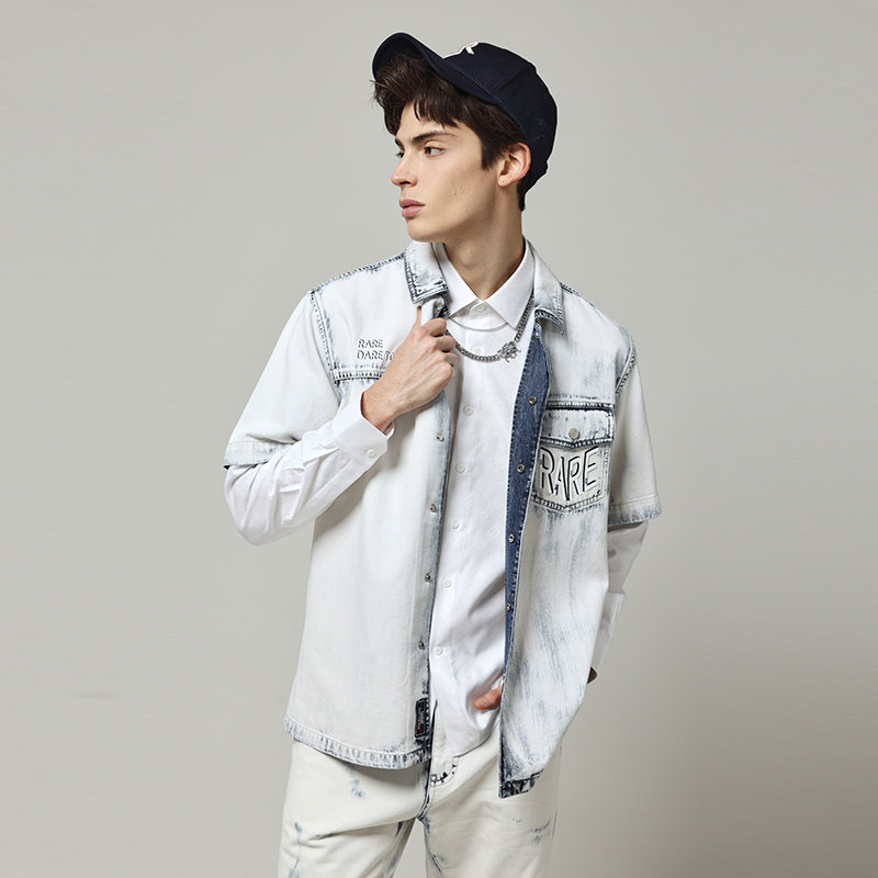 RARE威雅男装 夏季新款男士舒适宽松LOGO款水洗牛仔短袖衬衫