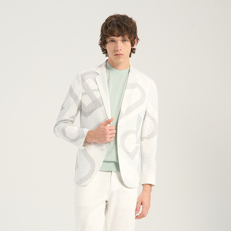 RARE威雅男装 春夏新款休闲西服男大定位印花浅灰色便西外套