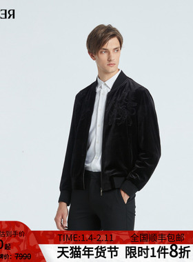 RARE威雅男装 秋冬新款棒球领长袖拉链黑色丝绒男士休闲外套