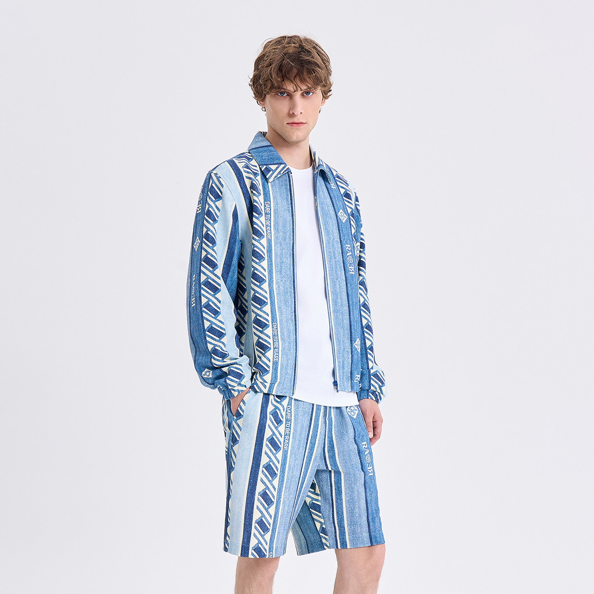RARE威雅男装2026春夏新款蓝色几何竖纹印花休闲外套短裤休闲套装