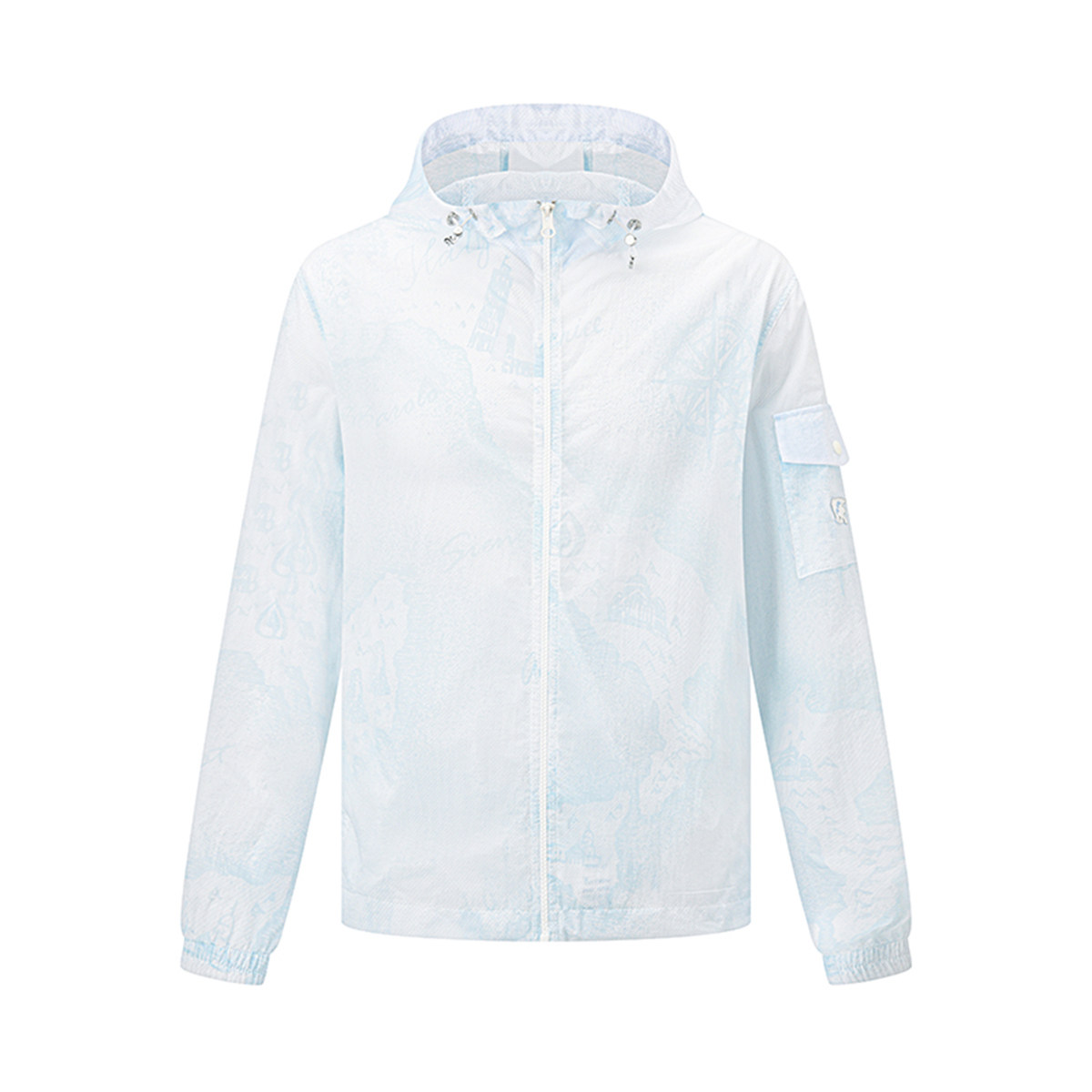 RARE威雅男装2026夏季新款轻薄透气皮肤衣男浅蓝印花连帽外套夹克