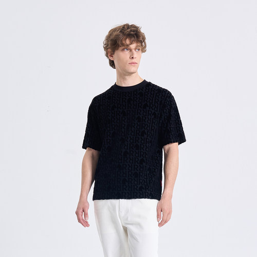 【生肖马系列】RARE威雅男装2026夏季新款剪绒提花黑色短袖T恤男