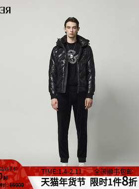 RARE威雅男装 秋冬新款男士黑色重工logo连帽短款羽绒服