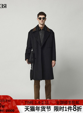 RARE威雅男装 秋冬新款男士黑色LOGO提花针织领翻领长款大衣
