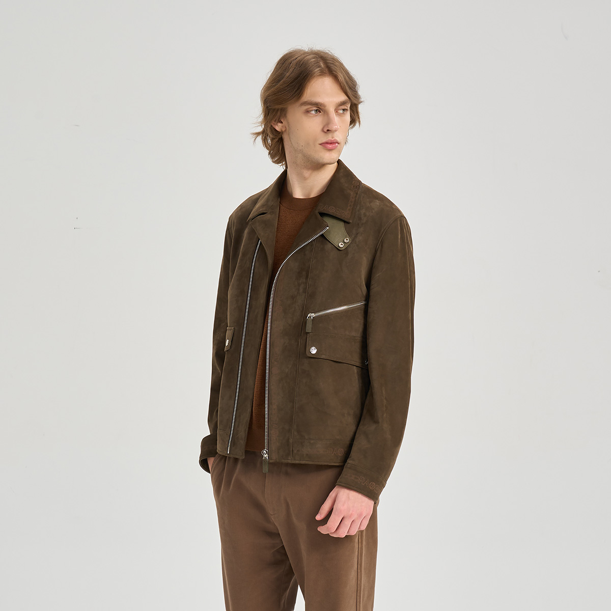 RARE威雅男装2025秋冬新款绒感牛皮革翻领外套男士橄榄绿皮衣夹克