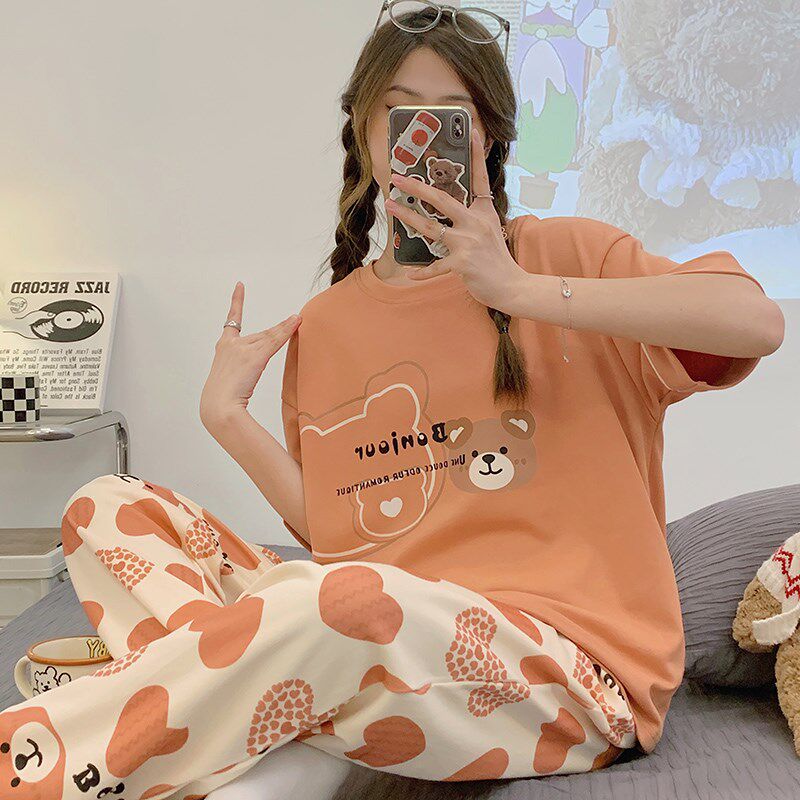 夏季睡衣女短袖长裤纯棉薄款加大码卡通少女全棉家居服可外穿套装
