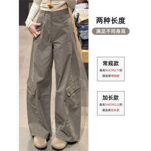 多口袋高腰垂感阔腿休闲裤 美式 女秋2025新款 裤 覆古军绿色弯刀工装
