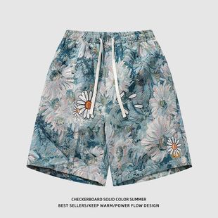 男女街头复古宽松五分裤 2025新款 花卉满印休闲短裤 潮牌美式 子 夏季