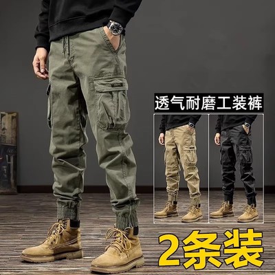 美式多口袋工装裤男士春秋户外干活大码宽松束脚裤耐磨工作劳保裤