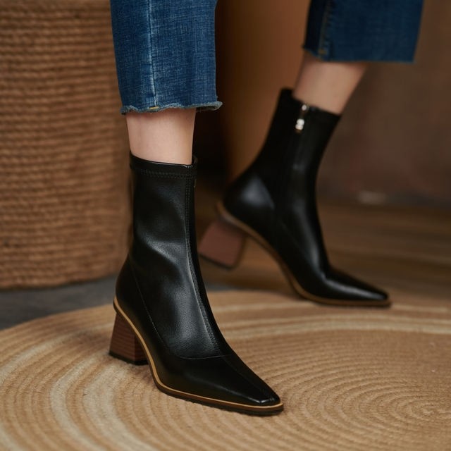 grace美不胜收~新款时尚靴子女侧拉链短筒高跟脚感好弹力靴瘦瘦靴