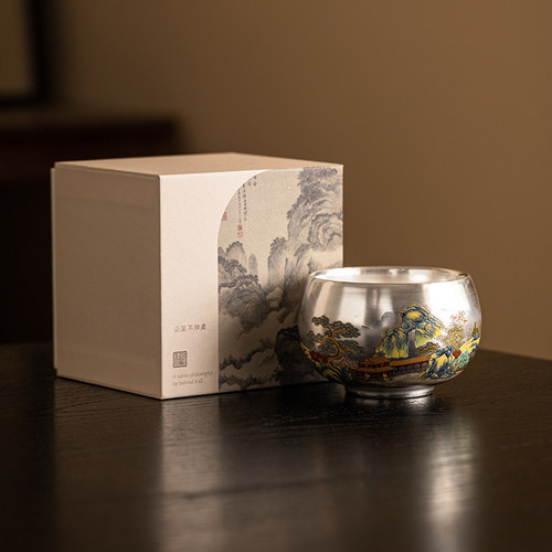 复古鎏银陶瓷千里江山品茗主人杯