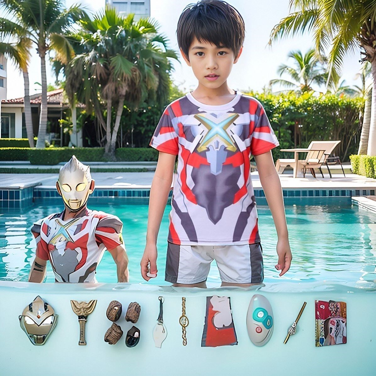 儿童艾克斯奥特曼t恤冰丝衣服男童迪迦夏季薄款短袖速干衣cos套装