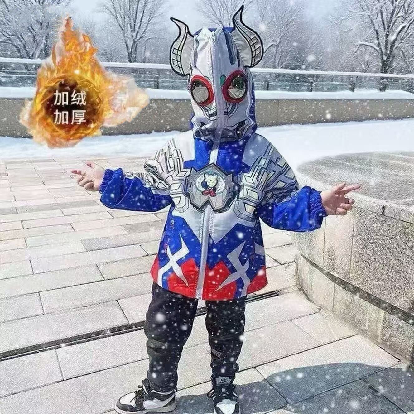 男童奥特曼加绒亮灯连帽冲锋衣