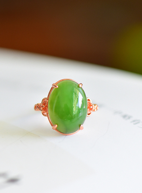 s925银镶嵌新疆和田玉碧玉菠菜绿蛋面玉戒指简约时尚指环饰品