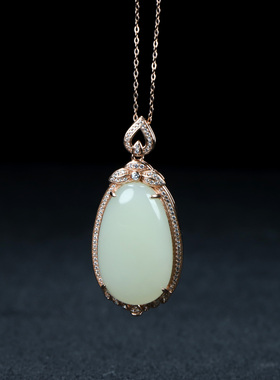 S925银和田玉羊脂白玉蛋形玉石吊坠挂件时尚气质女款玉坠项链