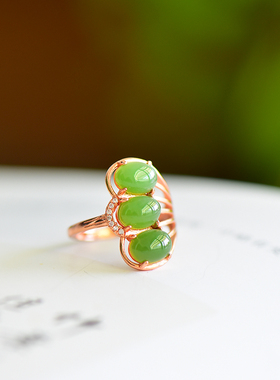 s925银镶嵌新疆和田玉碧玉凤尾蛋形玉戒指简约时尚百搭女指环