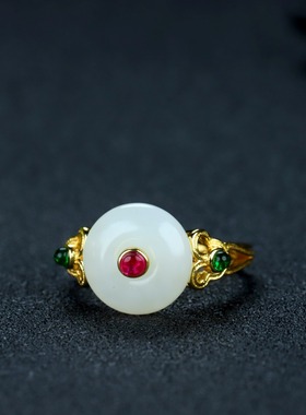 s925银镶嵌新疆和田玉白玉平安如意戒指平安扣时尚女指环戒圈