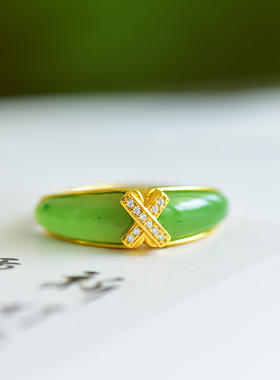 s925银镶嵌新疆和田玉碧玉月牙戒指指环简约时尚女款戒圈饰品