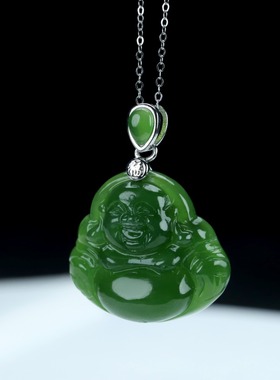 S925银和田玉碧玉弥勒笑佛佛公玉石吊坠挂件时尚百搭玉坠项链