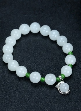新疆和田玉白玉圆珠10mm玉石手串s925银小海豚转运珠单圈手链