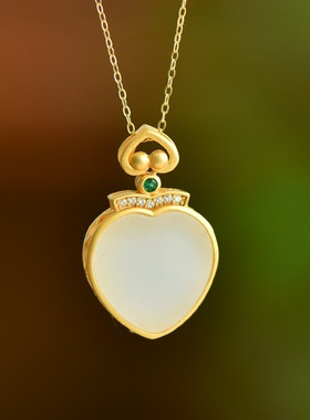 S925银和田玉羊脂白玉心形玉石吊坠挂件时尚气质女款玉坠项链