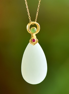 S925银和田玉羊脂白玉水滴玉石吊坠挂件时尚气质女款玉坠项链