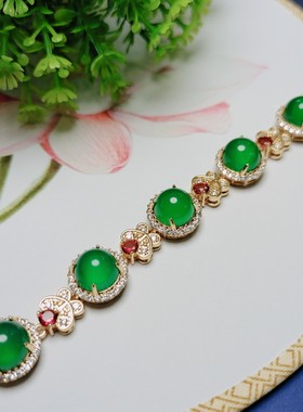 天然冰种玉髓镶嵌豪华蝴蝶款女款翠绿色手链手串时尚百搭饰品