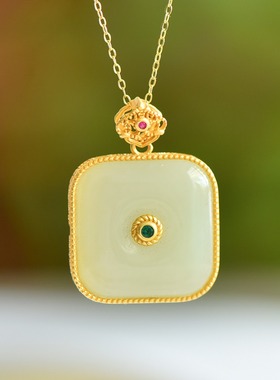 S925银镶和田玉且末蓝方形项链吊坠玉石挂件时尚气质女款玉坠