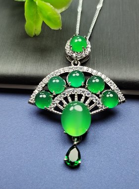 天然冰彩绿玉髓镶嵌扇子形吊坠挂件时尚百搭女款玉石玉坠项链