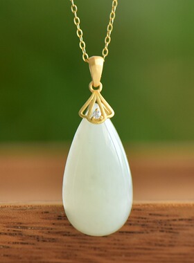 S925银和田玉白玉水滴玉石吊坠挂件百搭时尚气质女款玉坠项链