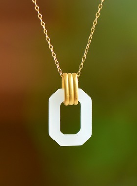 S925银和田玉白玉金环方形相扣玉石吊坠挂件时尚女款玉坠项链