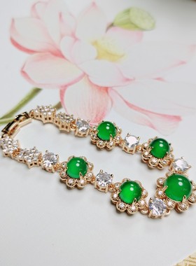 天然冰种帝王绿玉髓镶嵌手链圆形女士款翠绿色手链手串手饰品