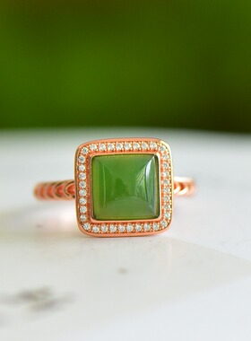 s925银镶嵌新疆和田玉碧玉小方糖形戒指简约时尚指环戒圈饰品