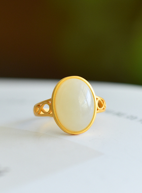 s925银镶嵌新疆和田玉白玉蛋面椭圆形戒指简约时尚女指环饰品
