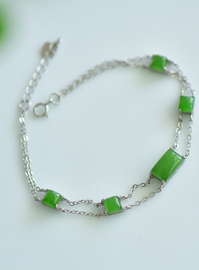 s925银和田玉碧玉方形玉石手链时尚百搭女款手串手链配饰礼品