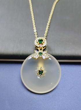 天然高冰种玉髓镶嵌平安扣款吊坠挂件时尚简约女士款玉坠项链