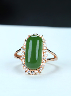 s925银镶嵌新疆和田玉碧玉桥形戒指简约时尚男女指环戒圈饰品