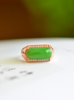 s925银镶嵌新疆和田玉碧玉男士方形玉戒指时尚女指环戒圈饰品