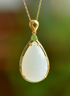 S925银和田玉羊脂白玉水滴形玉石吊坠挂件时尚气质女款锁骨链