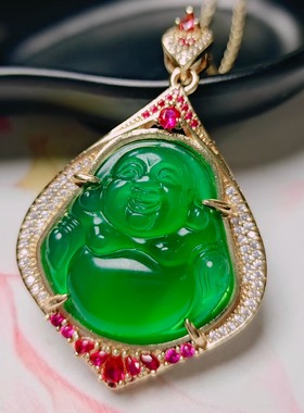 天然高冰种帝王绿玉髓镶嵌大佛公吊坠弥勒佛挂件时尚女款笑佛玉坠
