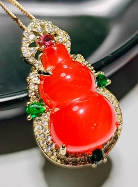 天然冰种玉髓镶嵌中国红葫芦吊坠锁骨链挂件时尚玛瑙福禄玉石项链