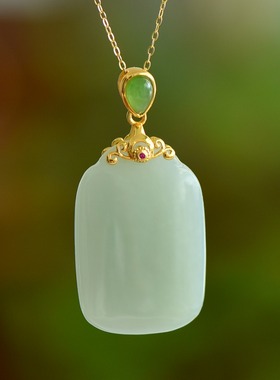 S925银镶新疆和田玉青玉平安无事牌玉石吊坠挂件中国风锁骨链